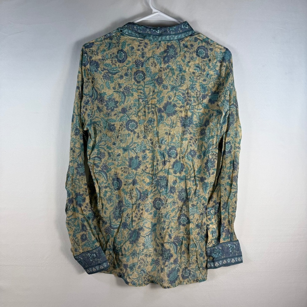 Vince Camuto Womens Small Floral Paisley Button Down Blouse Blue Tan Sheer Top - Picture 4 of 8